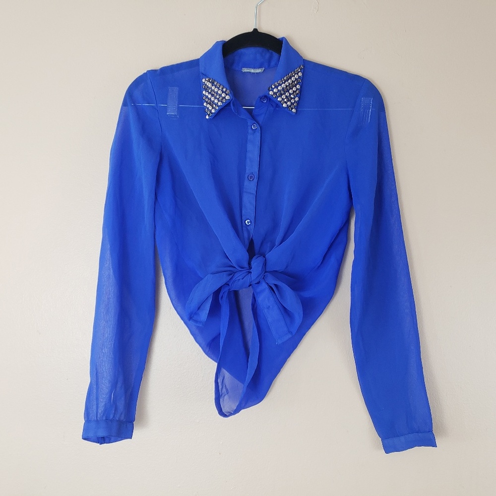 Charlotte Russe Semi Sheer Blue Blouse Size XS G5